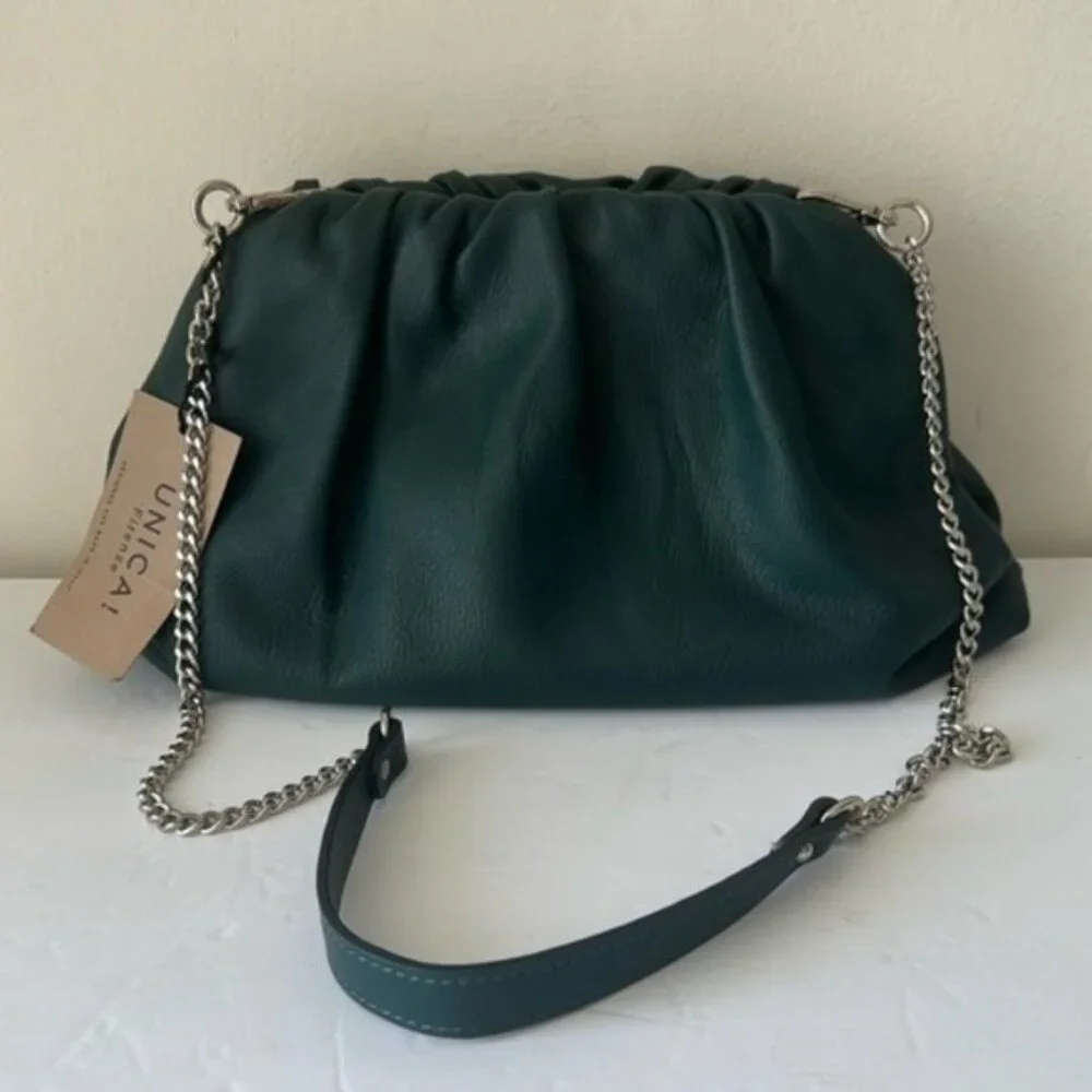 Unica! Firenze Leather Blue Teal Crossbody Convertible Pleated Handbag Clutch